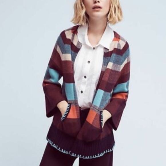 Anthropologie Monogram Plaid Zipper Sweater Small - Picture 2 of 10